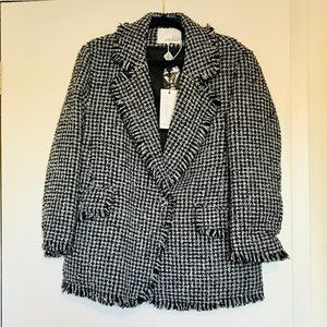 Jinggu Houndstooth Black and White Tweed Blazer Size L, NWT